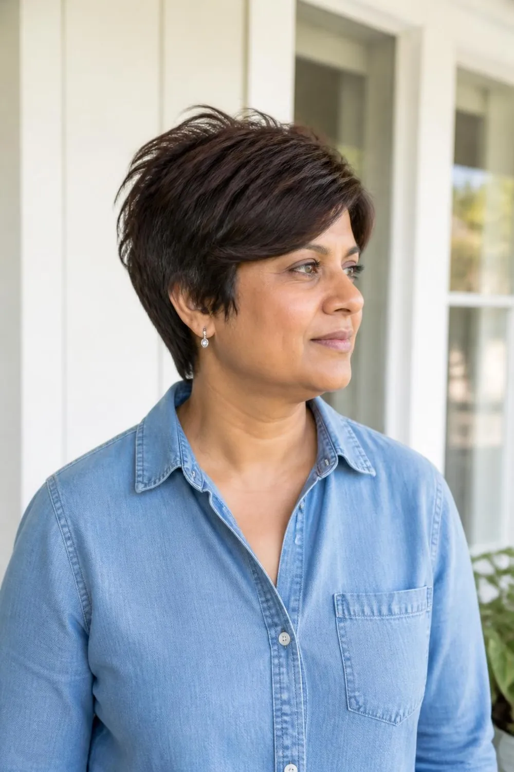 Textured pixie with choppy crown layers giving lift to thin hair on a round face