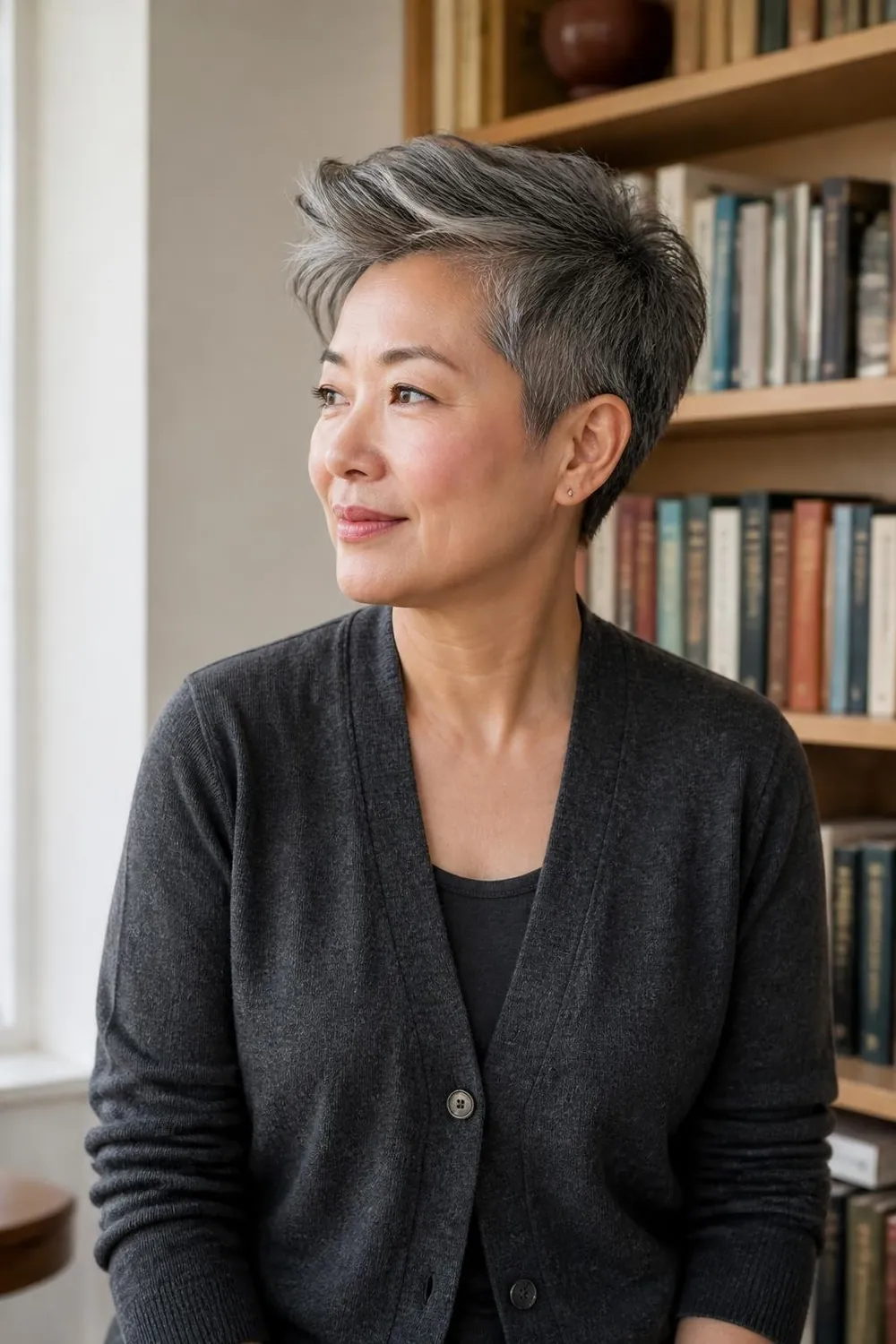 Salt-and-pepper pixie with a swept top and side part for round faces over 60