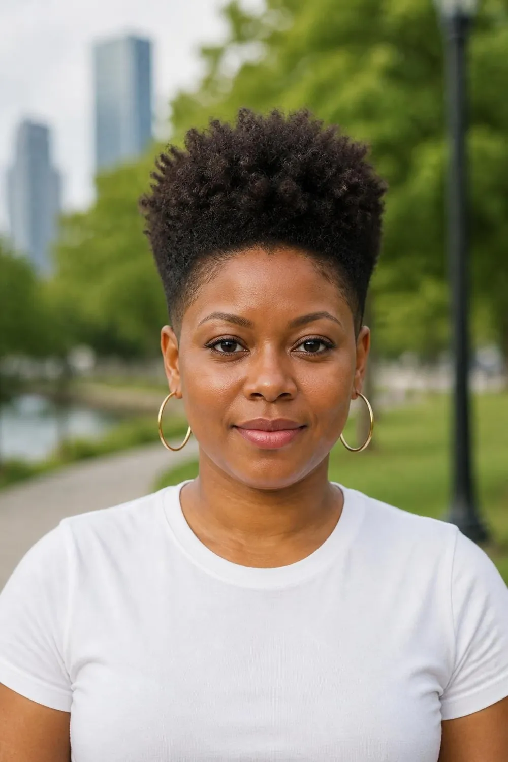 Tapered afro with height on top and close sides for round faces with coily hair
