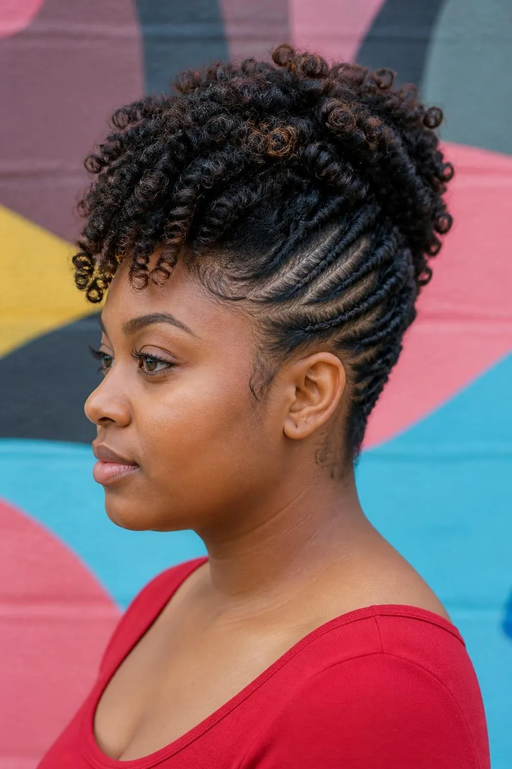 Curly frohawk with coils gathered high through the center for round faces
