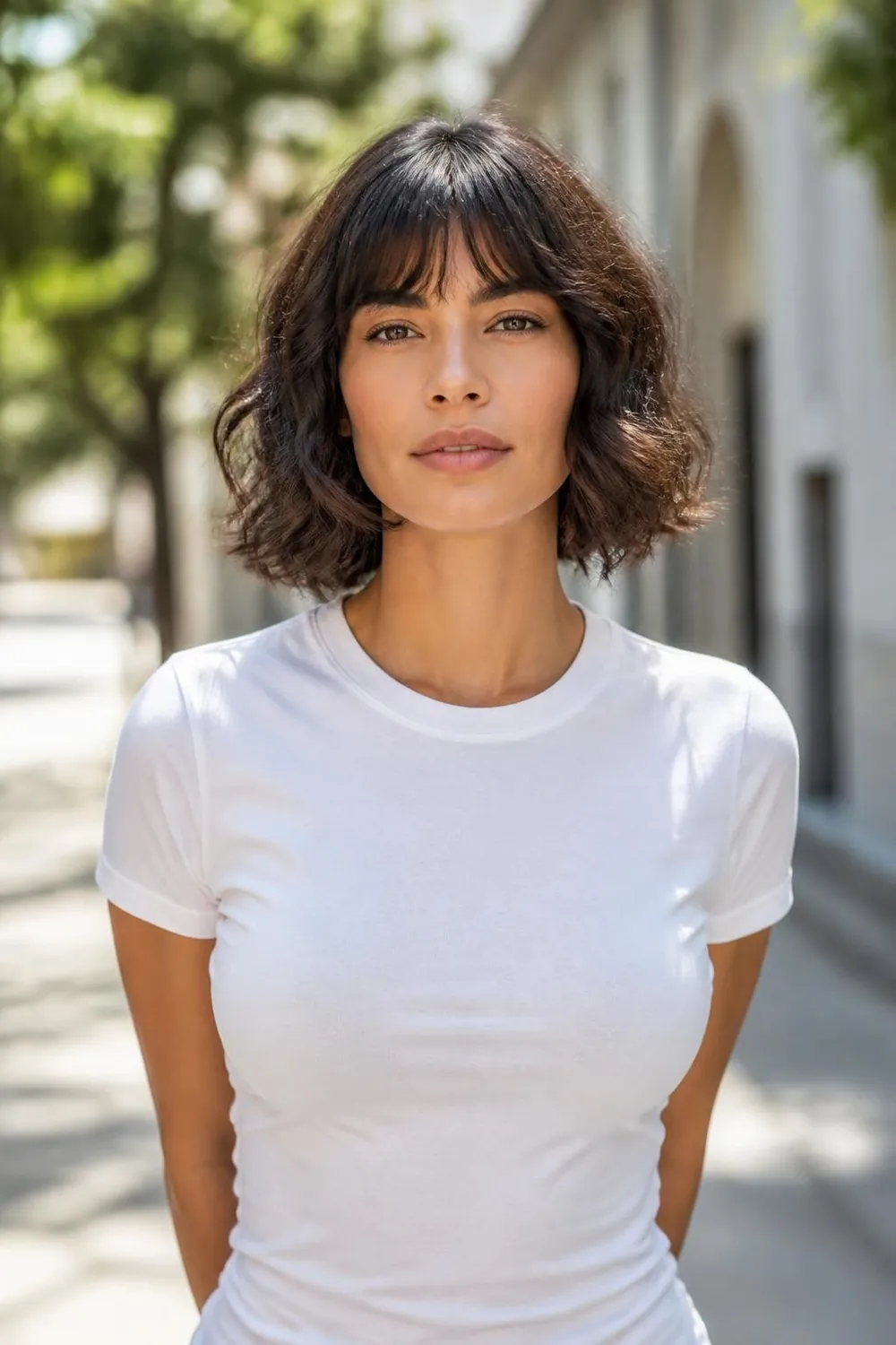 Wavy bob with bottleneck bangs, narrow at the top and wider at the cheeks