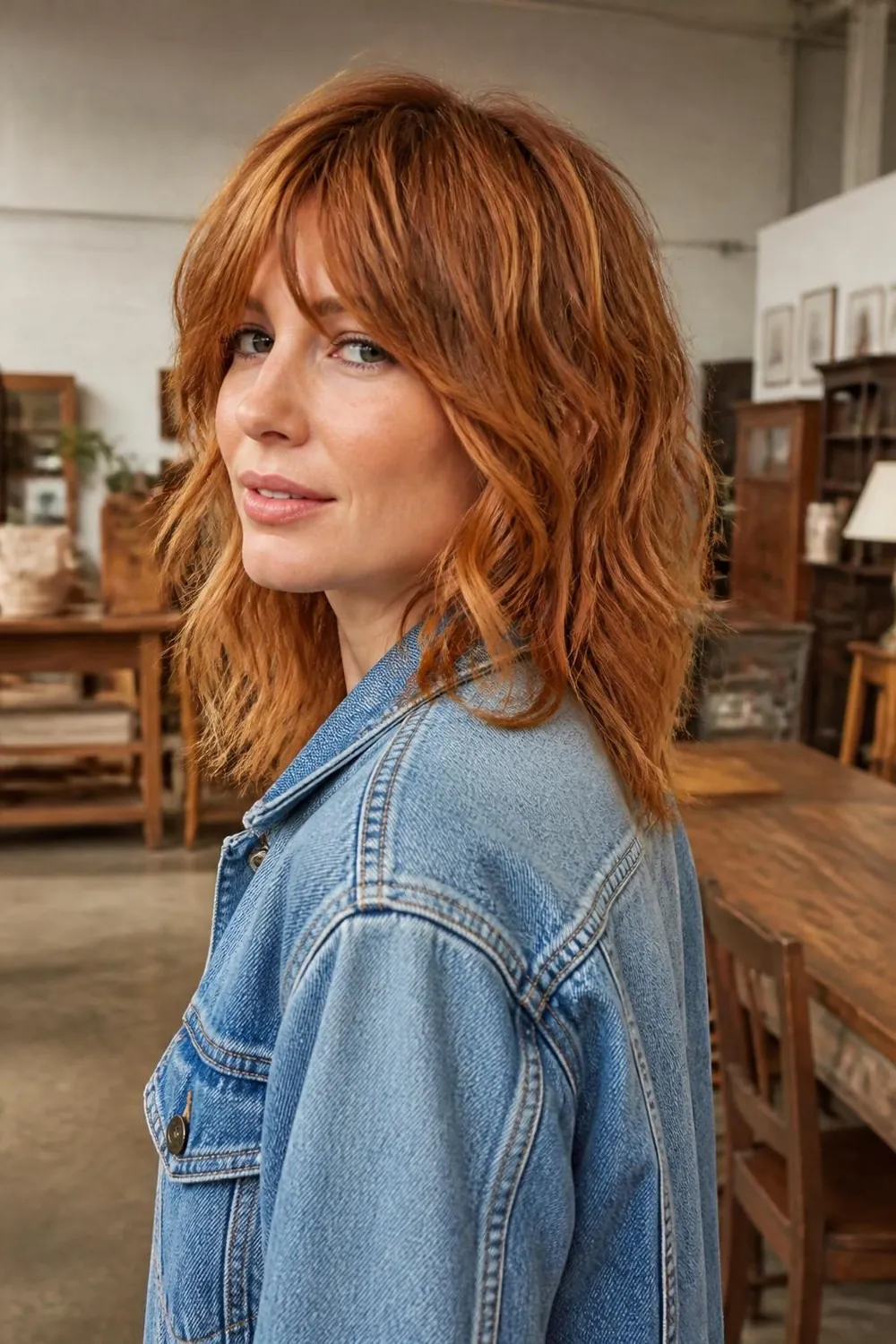 Short shag with long curtain bangs blending into choppy layers for wavy hair