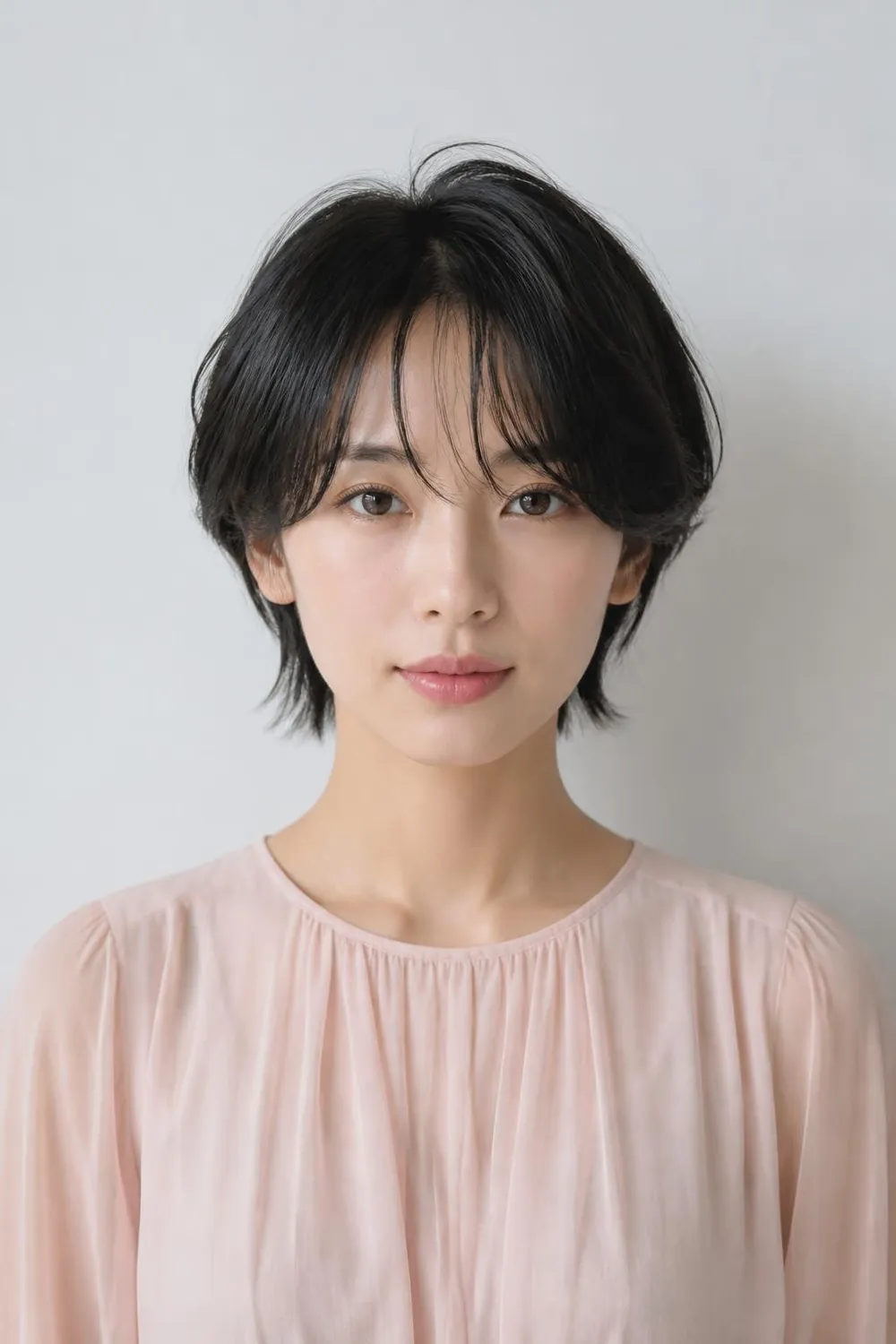 Bixie with soft curtain bangs and ear-length layers for fine or medium hair