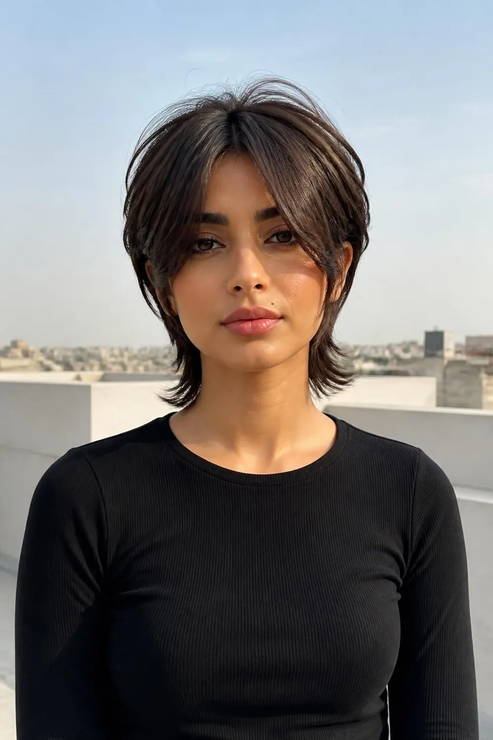 Long pixie with curtain bangs split at the center for straight or wavy hair