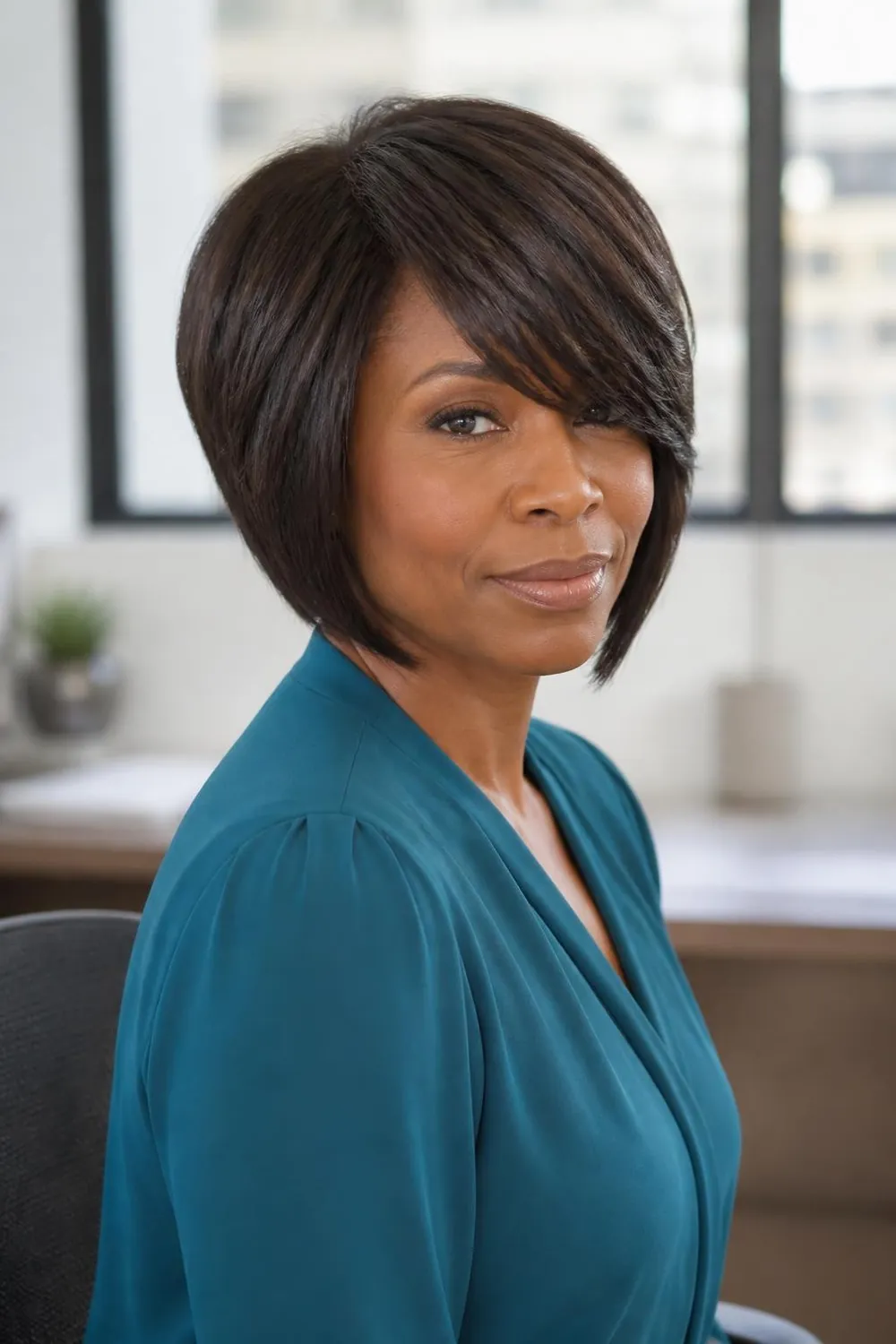 Stacked bob with long side-swept bangs angled across the forehead for round faces