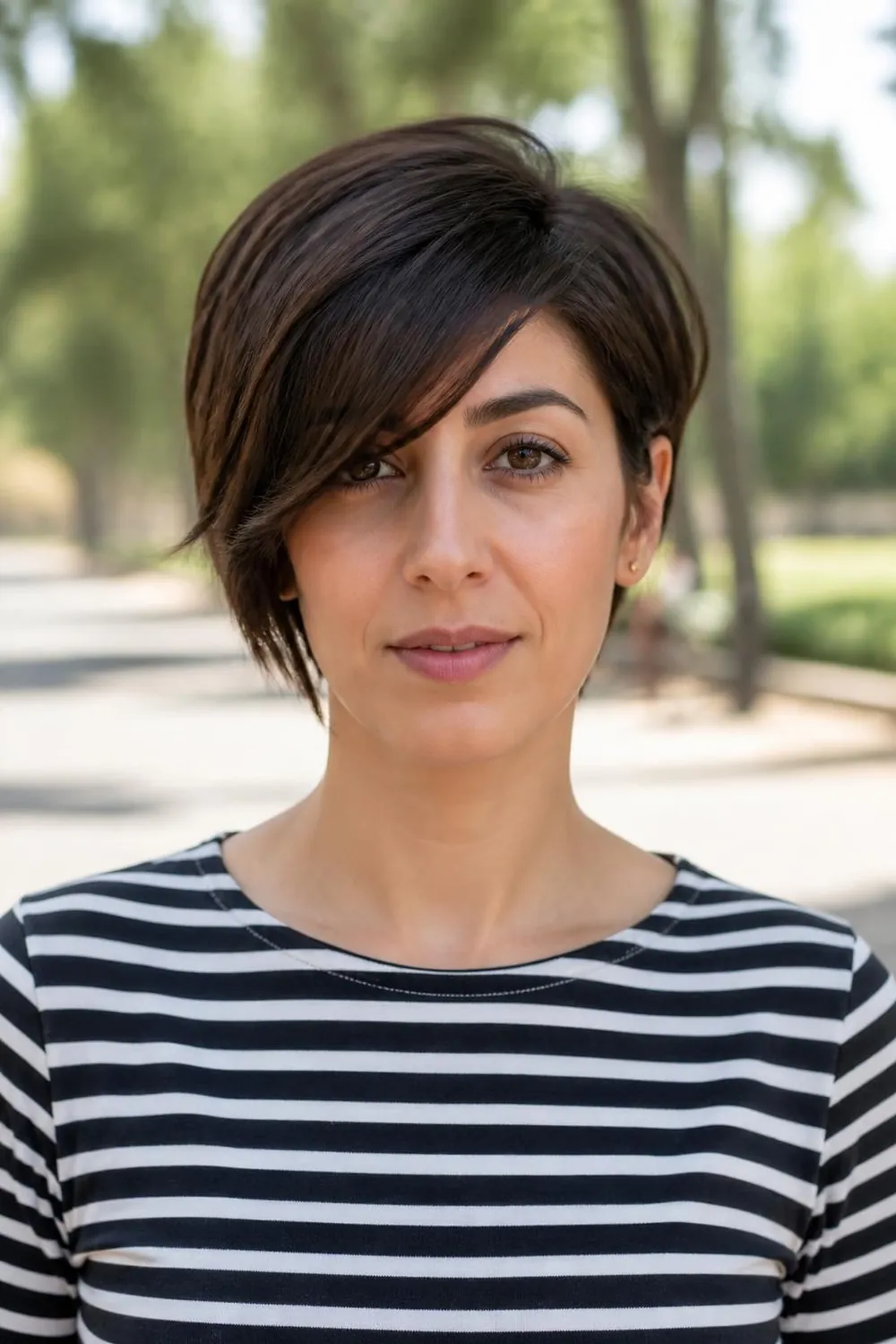 Pixie with side-swept bangs falling across one eyebrow for oval or heart faces