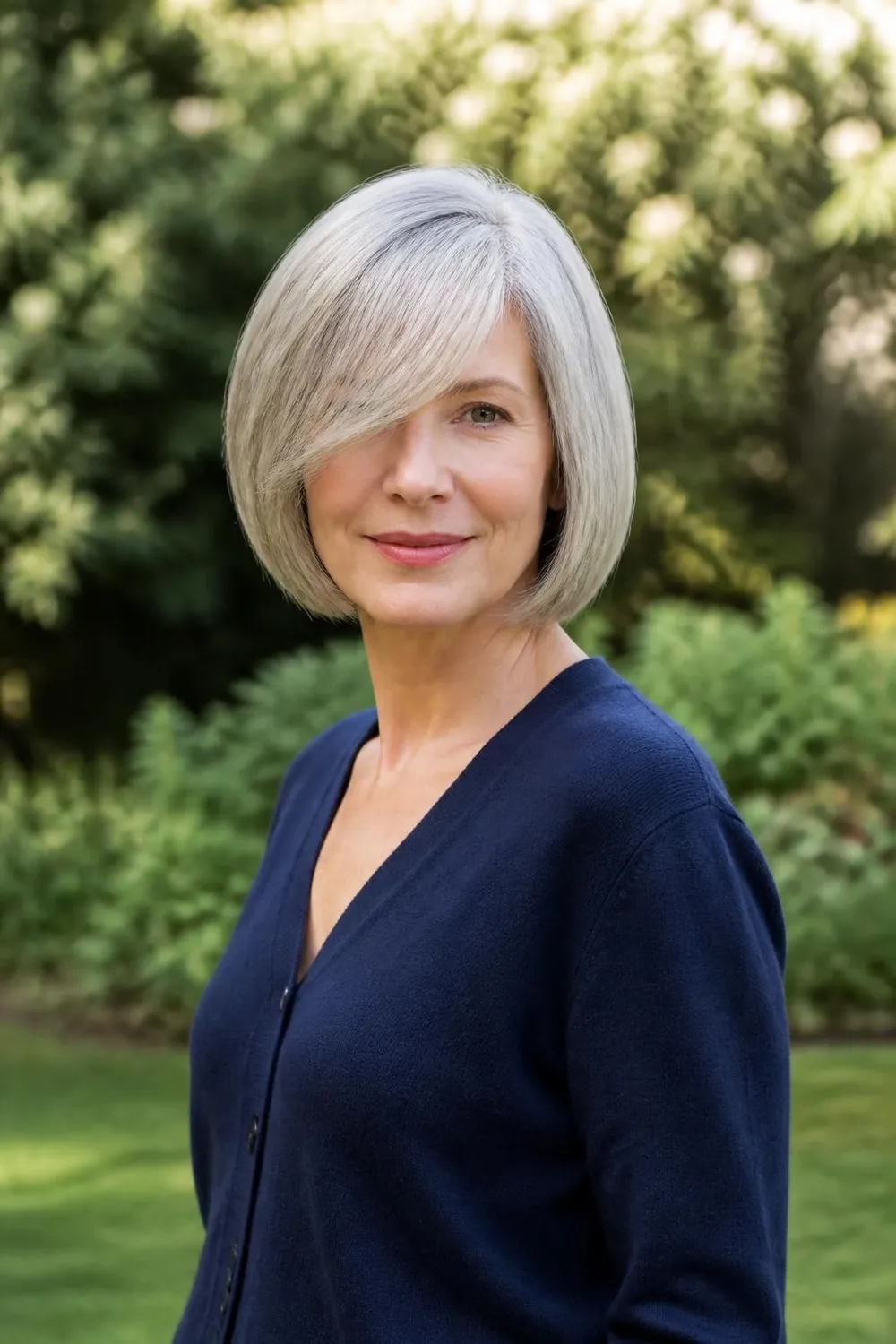 Silver bob with soft side bangs and a gentle curve for women over 50
