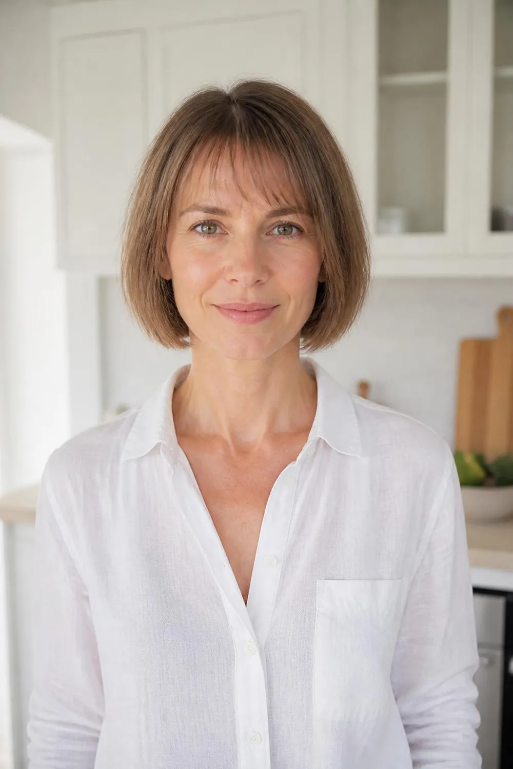 Chin bob with wispy bangs that show the forehead, for fine straight hair