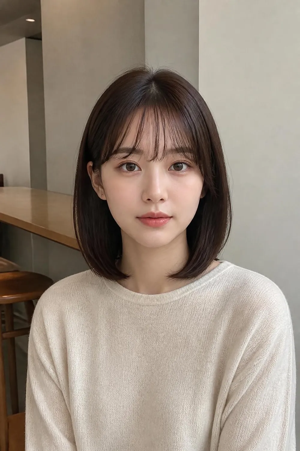 Lob with sheer see-through bangs in a light inward curve for straight hair