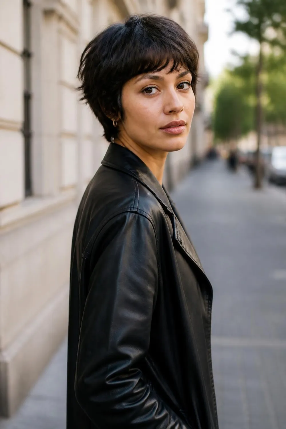 Shaggy pixie with wispy uneven bangs for medium to thick hair
