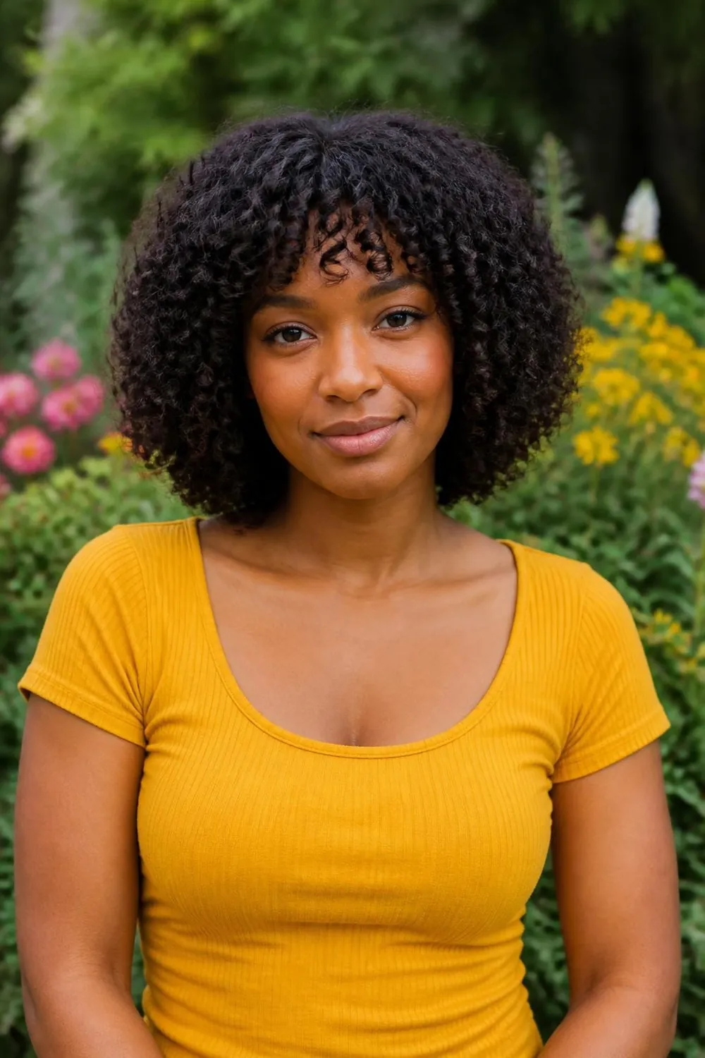 Curly bob with springy curly bangs above the brows for 3A to 3C curls