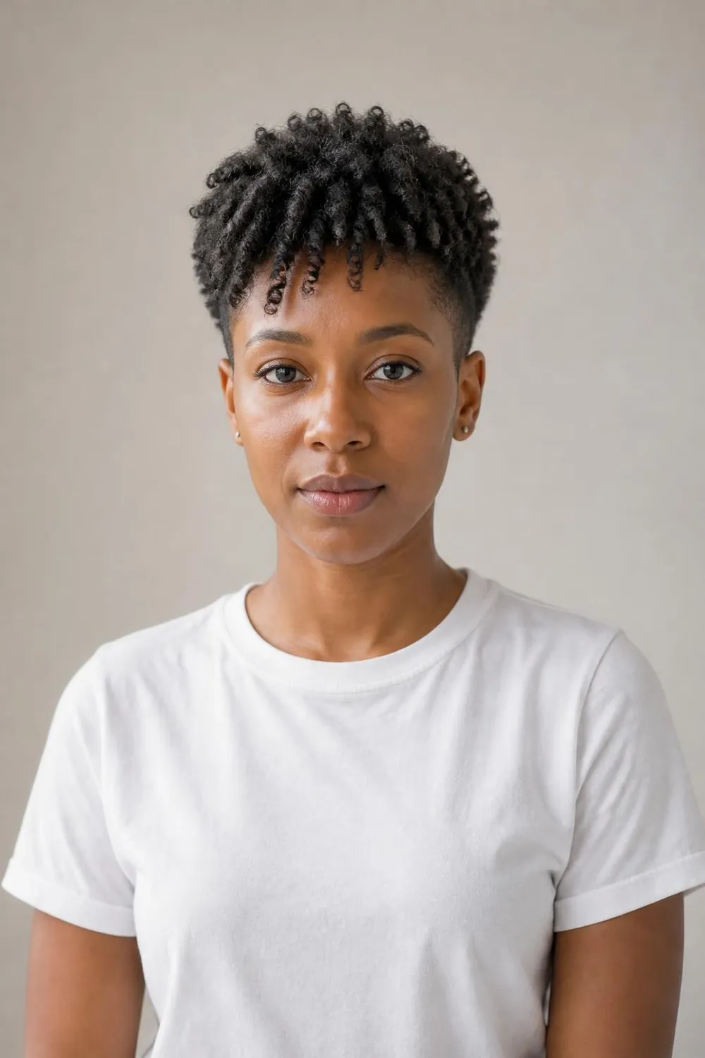 Coily tapered cut with a short curly fringe at the front for 4A hair