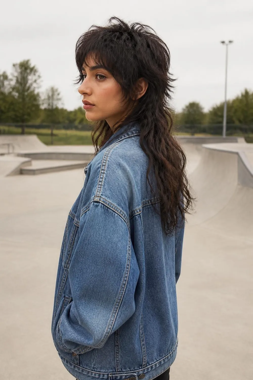Shaggy mullet with choppy bangs and a longer nape for wavy or straight hair