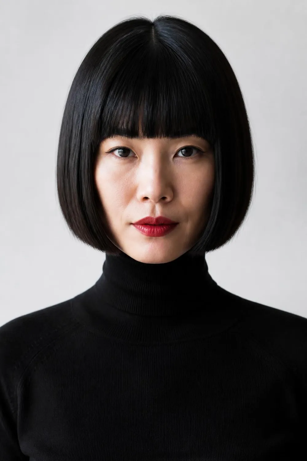 Blunt bob with full straight bangs at the brows for thick straight hair