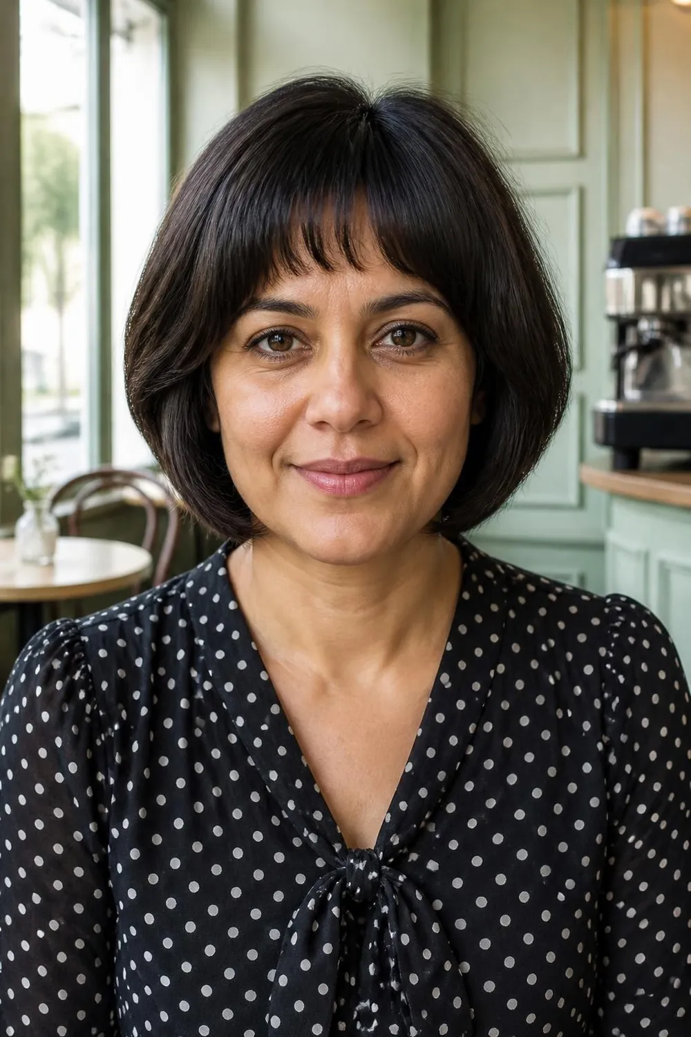 Short bob with curved arched bangs, shorter in the center, for oval faces
