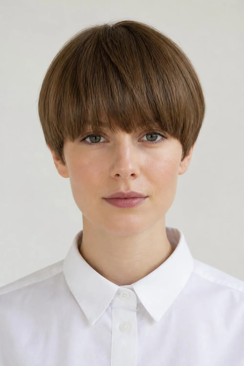 Rounded pixie with a full heavy fringe at the brows for oval faces