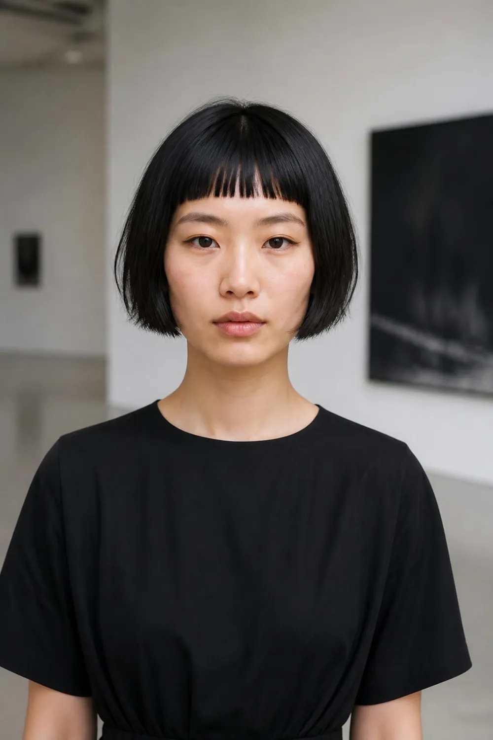 Micro bob with short baby bangs above the brows for oval faces