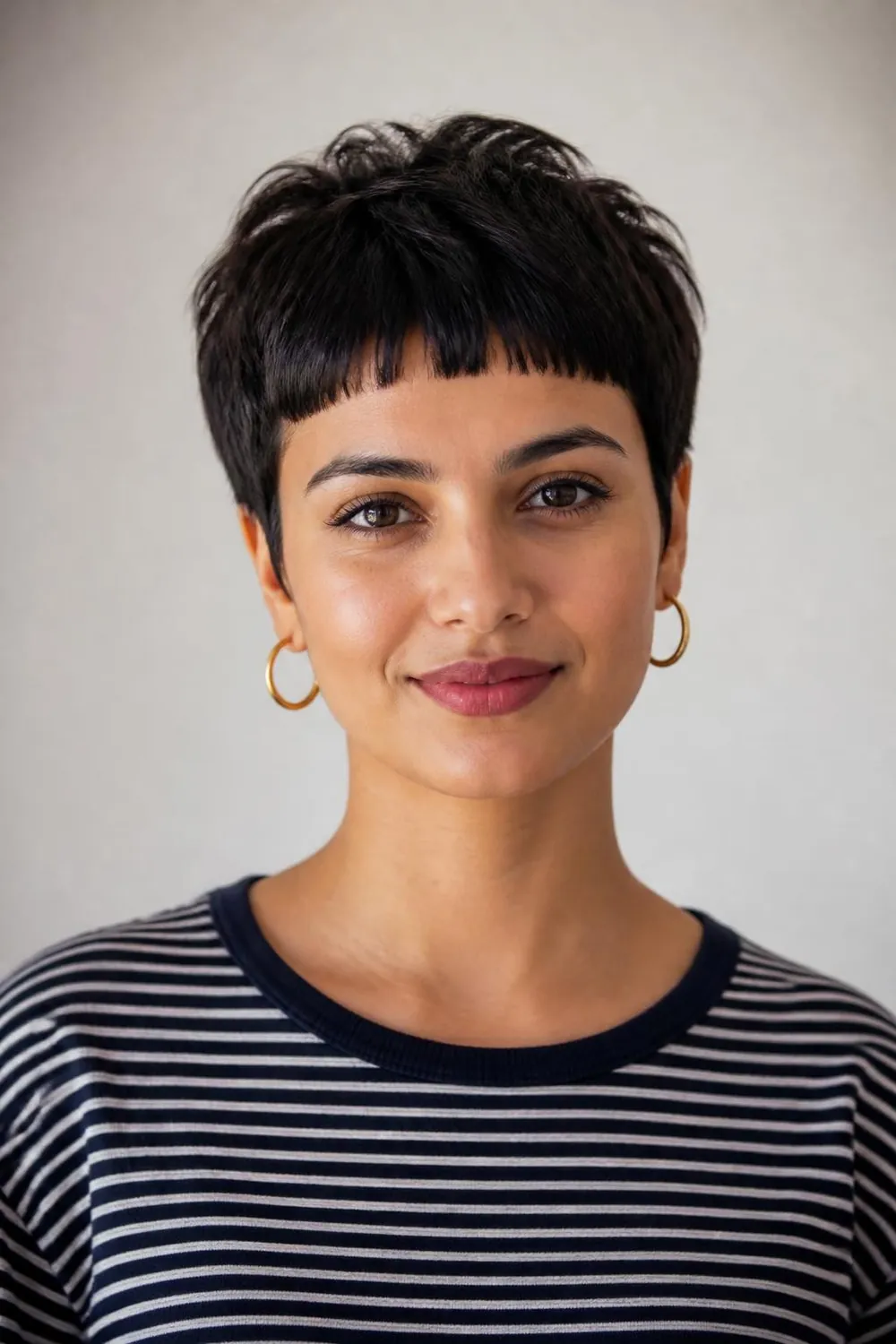 Pixie with micro bangs cut high on the forehead for oval or heart faces