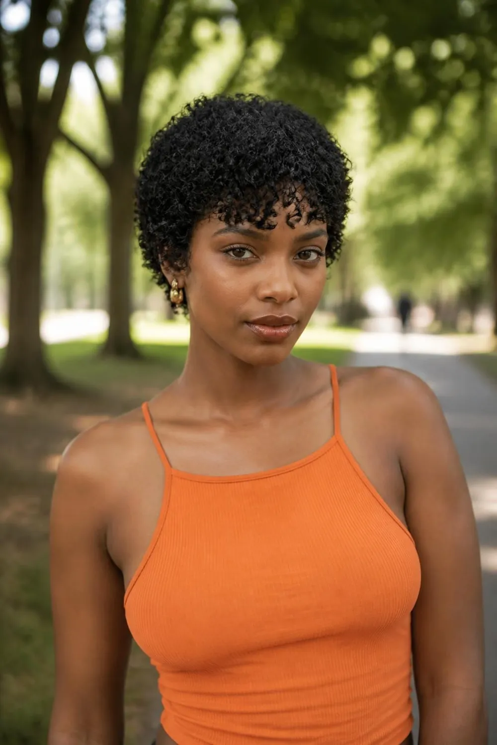 Curly pixie with short curly micro bangs for 3B to 4A hair