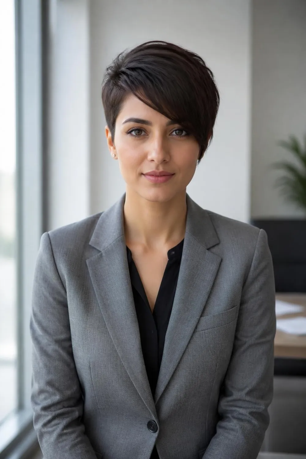 Pixie with diagonal bangs cut short on one side and longer on the other