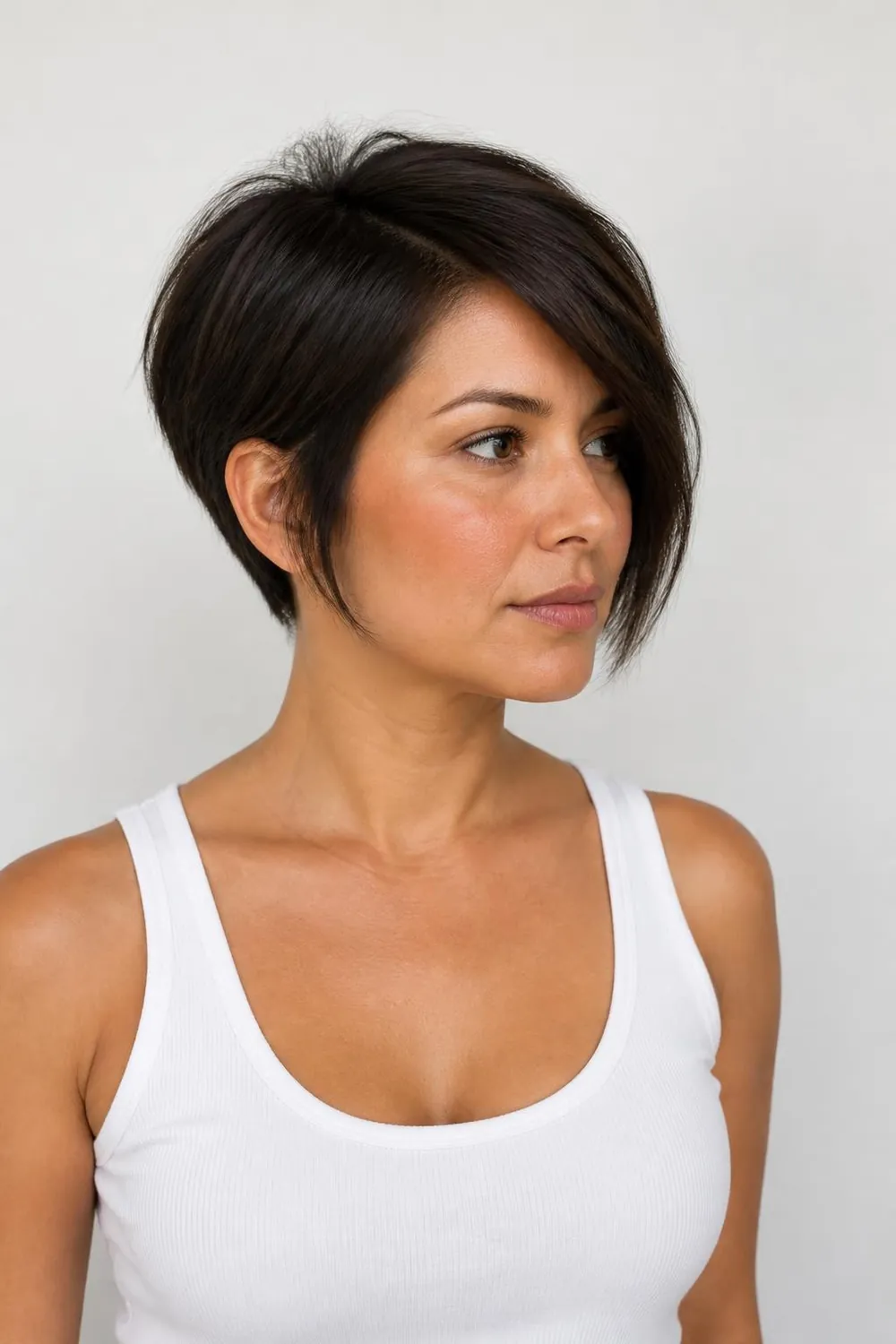 Pixie with long chin-length bangs swept to one side for straight hair
