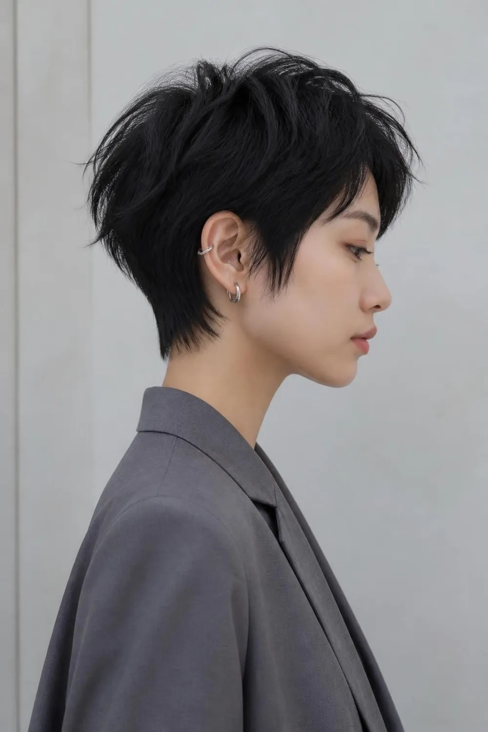 Choppy point-cut pixie with piecey uneven layers for women who like edgy cuts