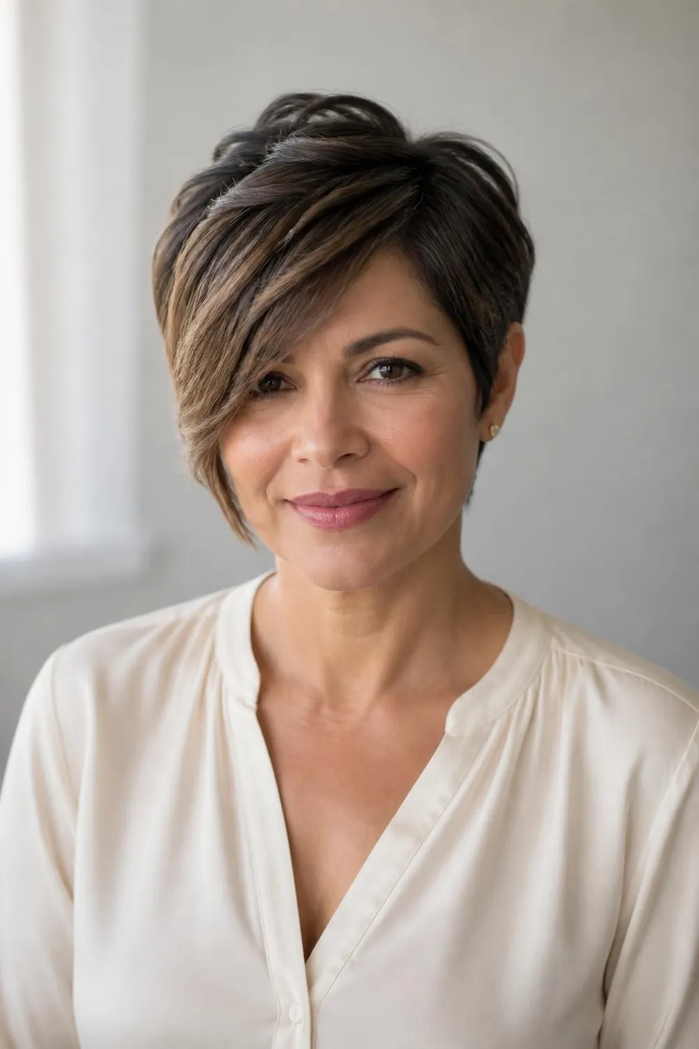 Layered pixie with long side-swept bangs reaching the cheekbone for oval faces