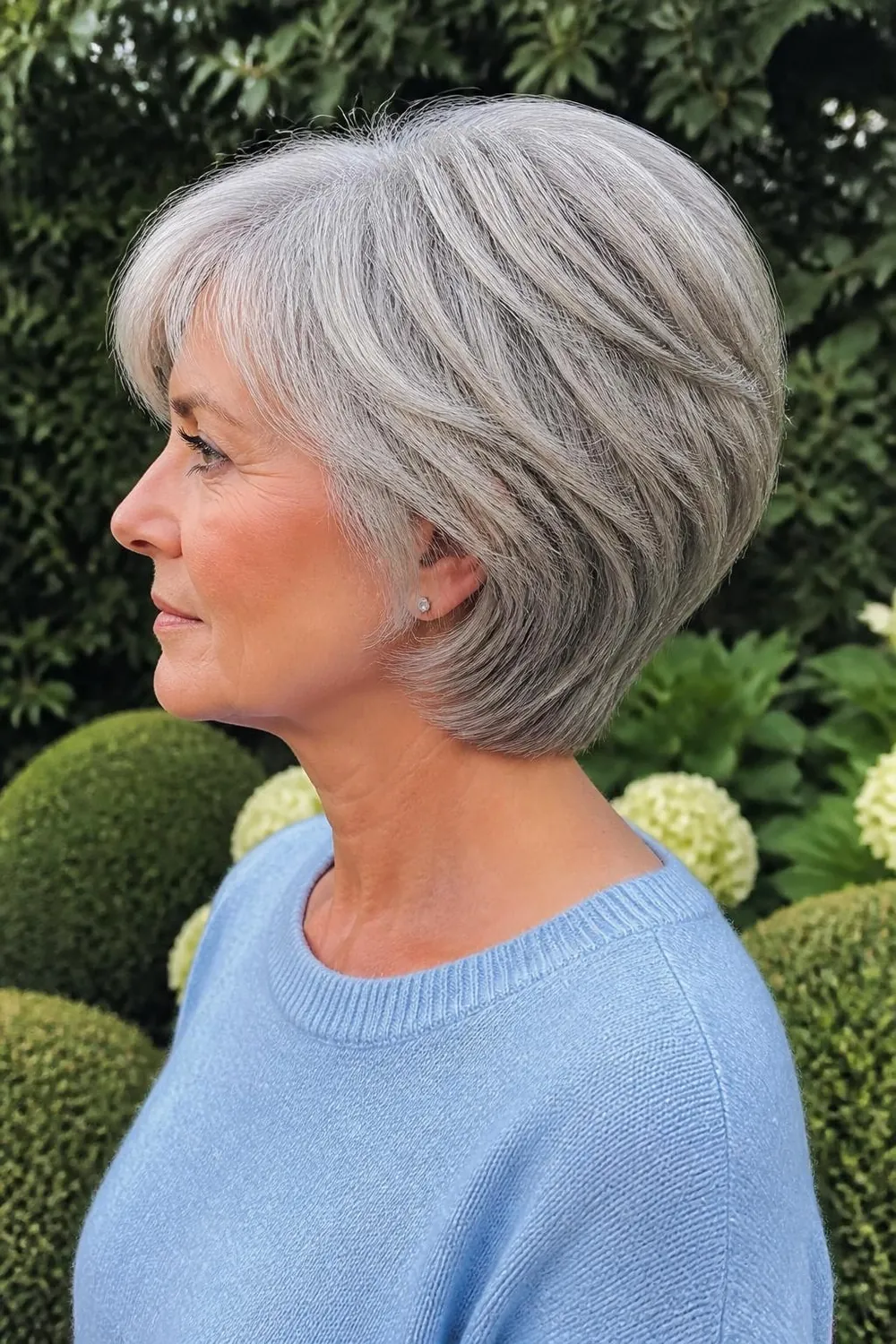 Rounded layered crop on silver hair for women over 60 who want movement