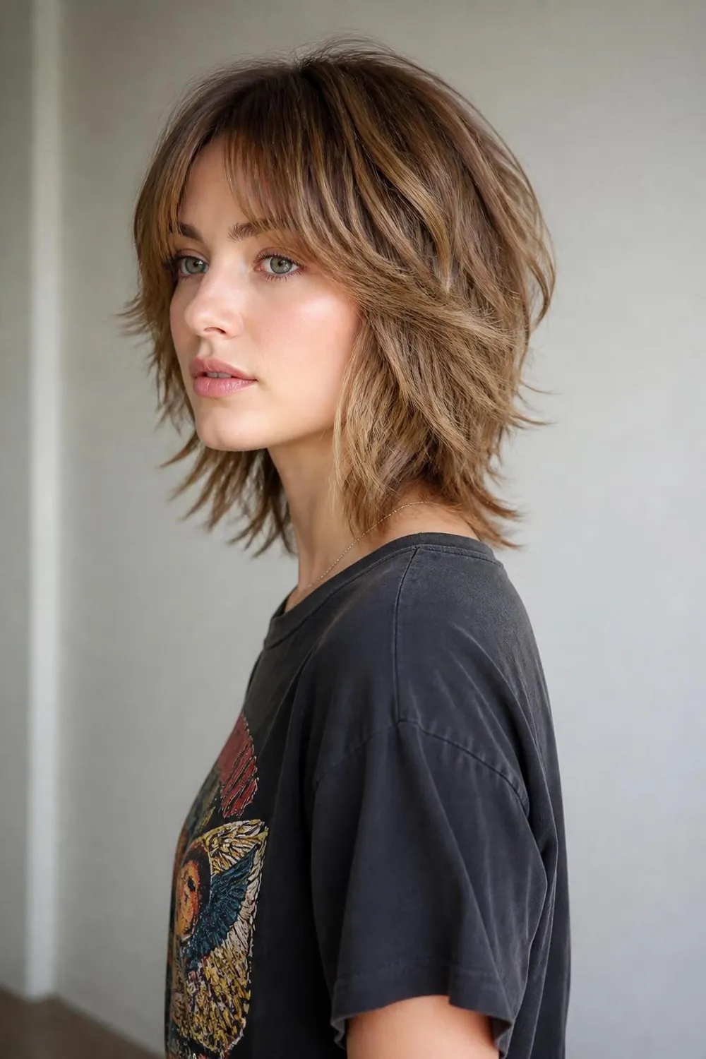 Jaw-length wolf cut with choppy crown layers and curtain bangs on wavy hair