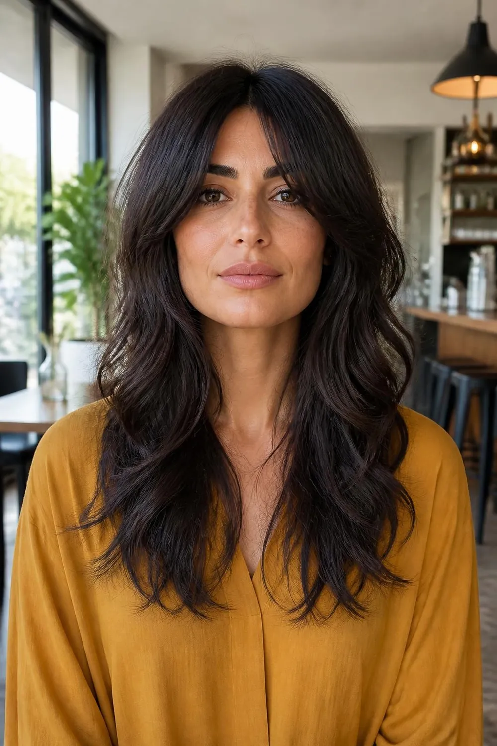 Mini shag haircut with curtain bangs and layered textured ends on wavy hair
