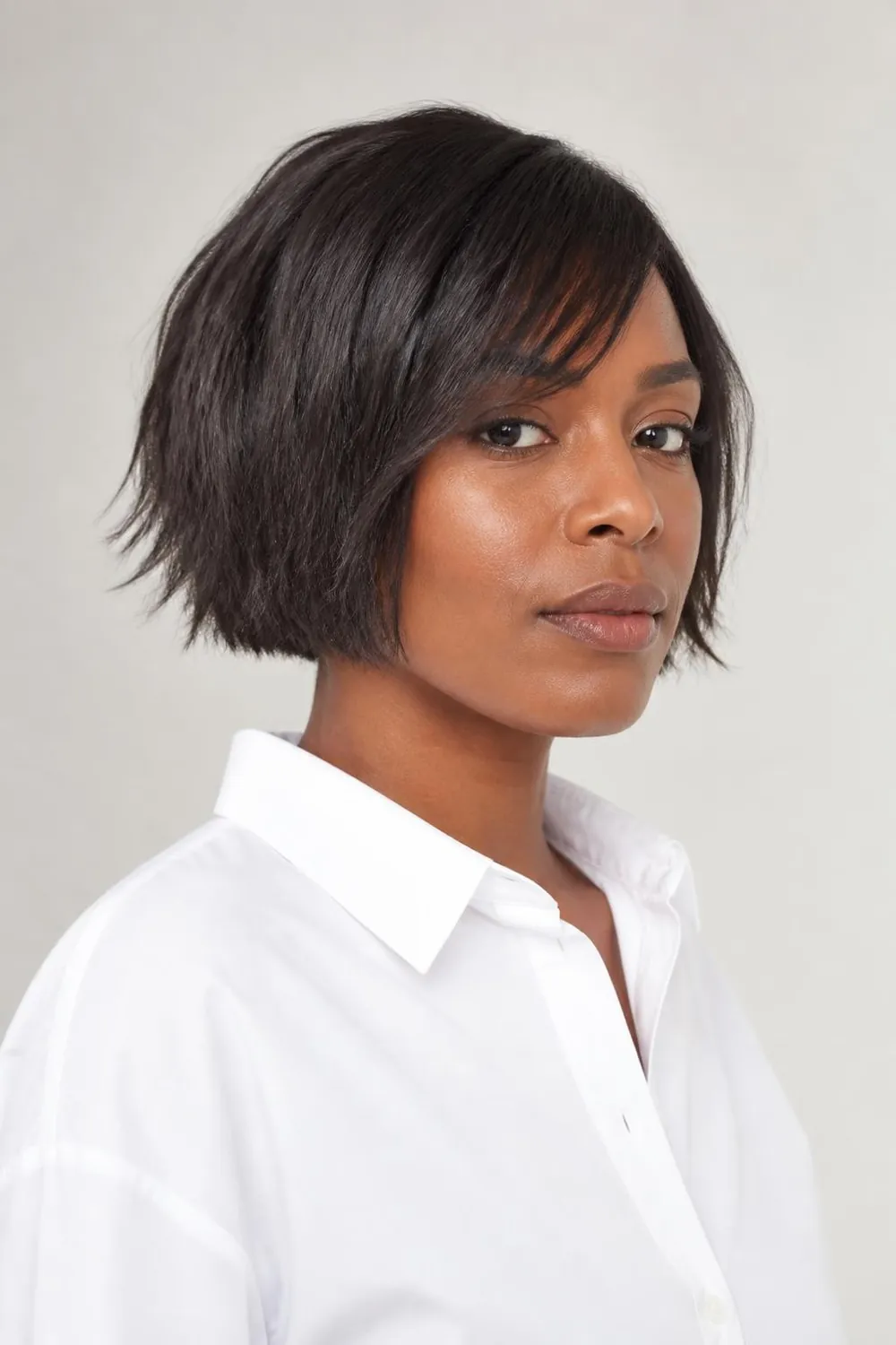 Choppy textured bob with piecey point-cut ends at chin length