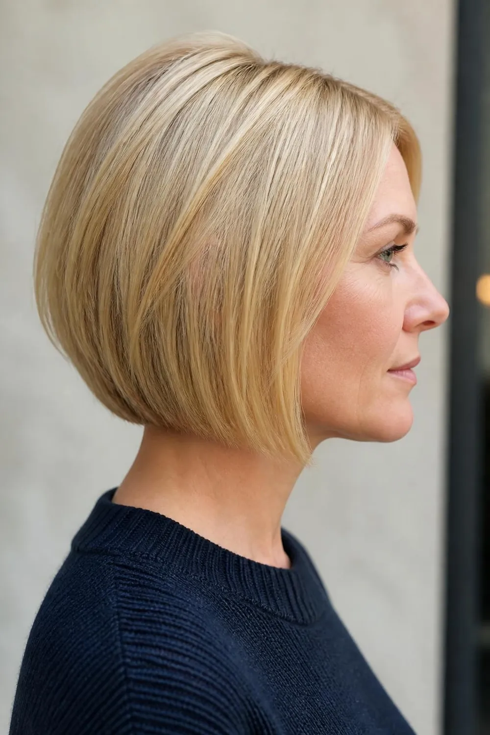 Chin-length bob with short layers only at the crown for lift on fine hair