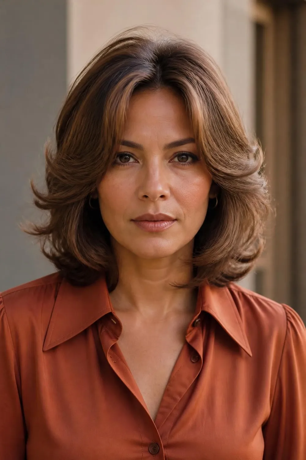Feathered bob with soft layers swept back from the face in a 1970s style
