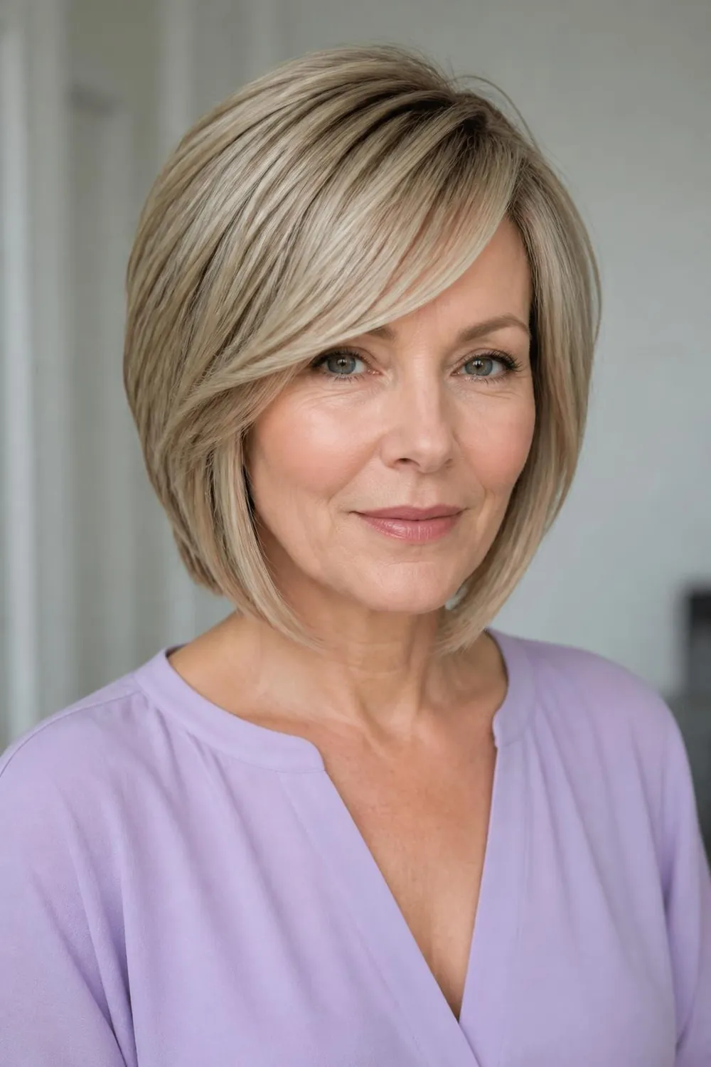 Layered bob with an angled fringe for women over 50 with straight hair