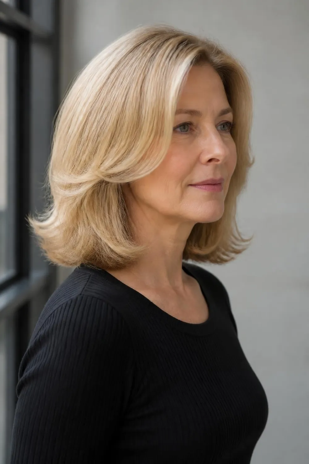 Lob with flipped out layered ends in a 1990s style for straight hair